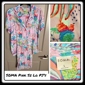 Soma “Notched Collar” short sleeve/pants pink print sz Large
